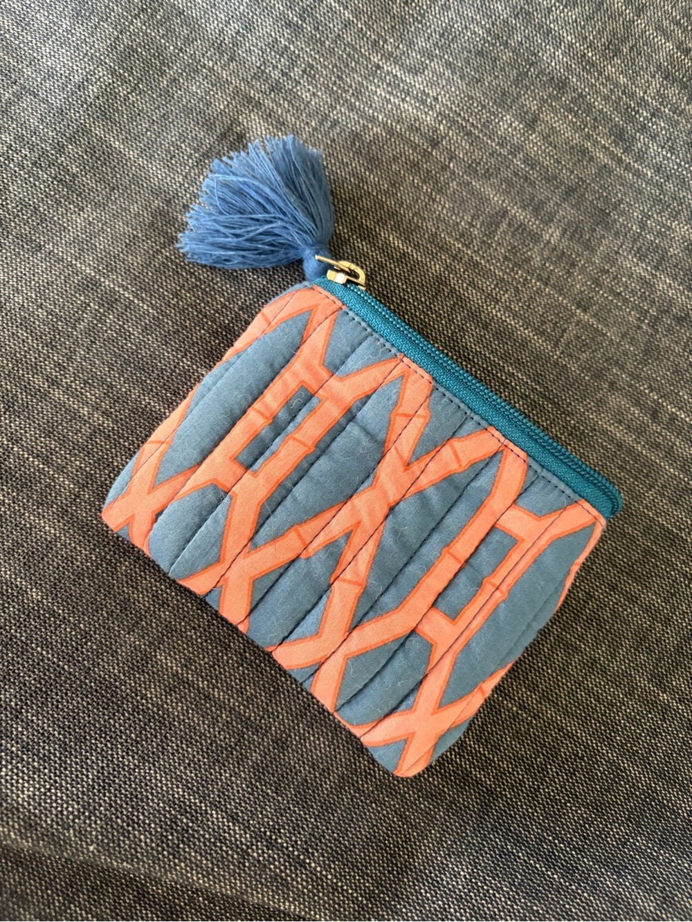 Quilted Blue and Coral Zip Card Holder with Tassel